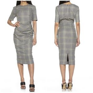 New Alexia Admor Olive Plaid Dress Micro Houndstooth Midi Gray Black Sz 8